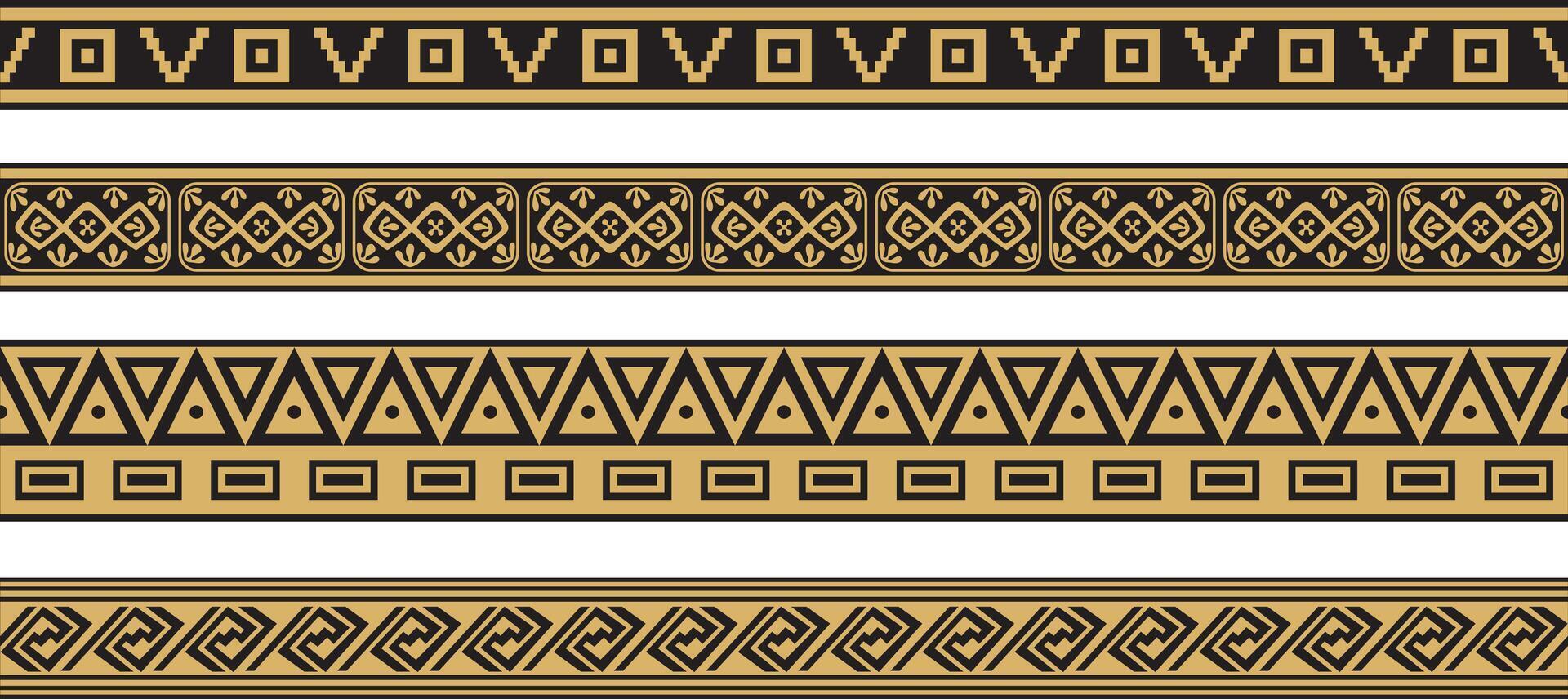 set of gold and black native american ornamental seamless borders. Framework Aztecs, Maya, Incas. vector