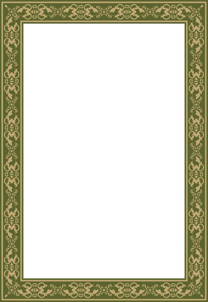 Square gold with green ancient Russian ornament. Slavic rectangle, border, frame. vector