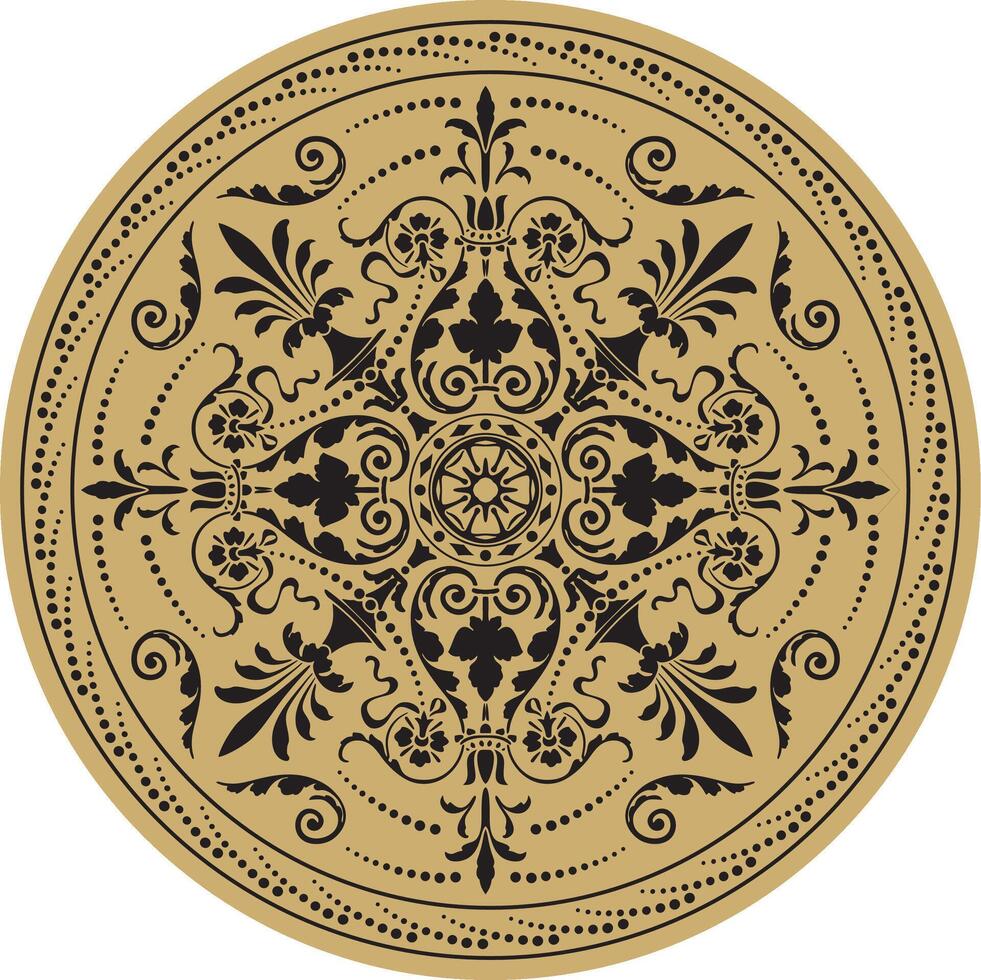 round golden classic ornament. A circle with a black pattern. vector