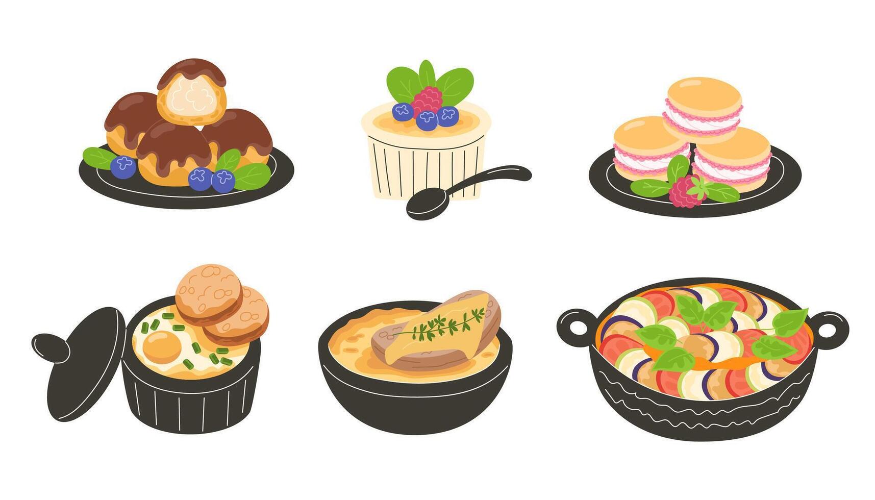 Traditional French Cuisine Set Ratatouille, Oeufs Cocotte with Tarragon, Onion Soup, Profiteroles, Macarons, and Creme Brulee vector