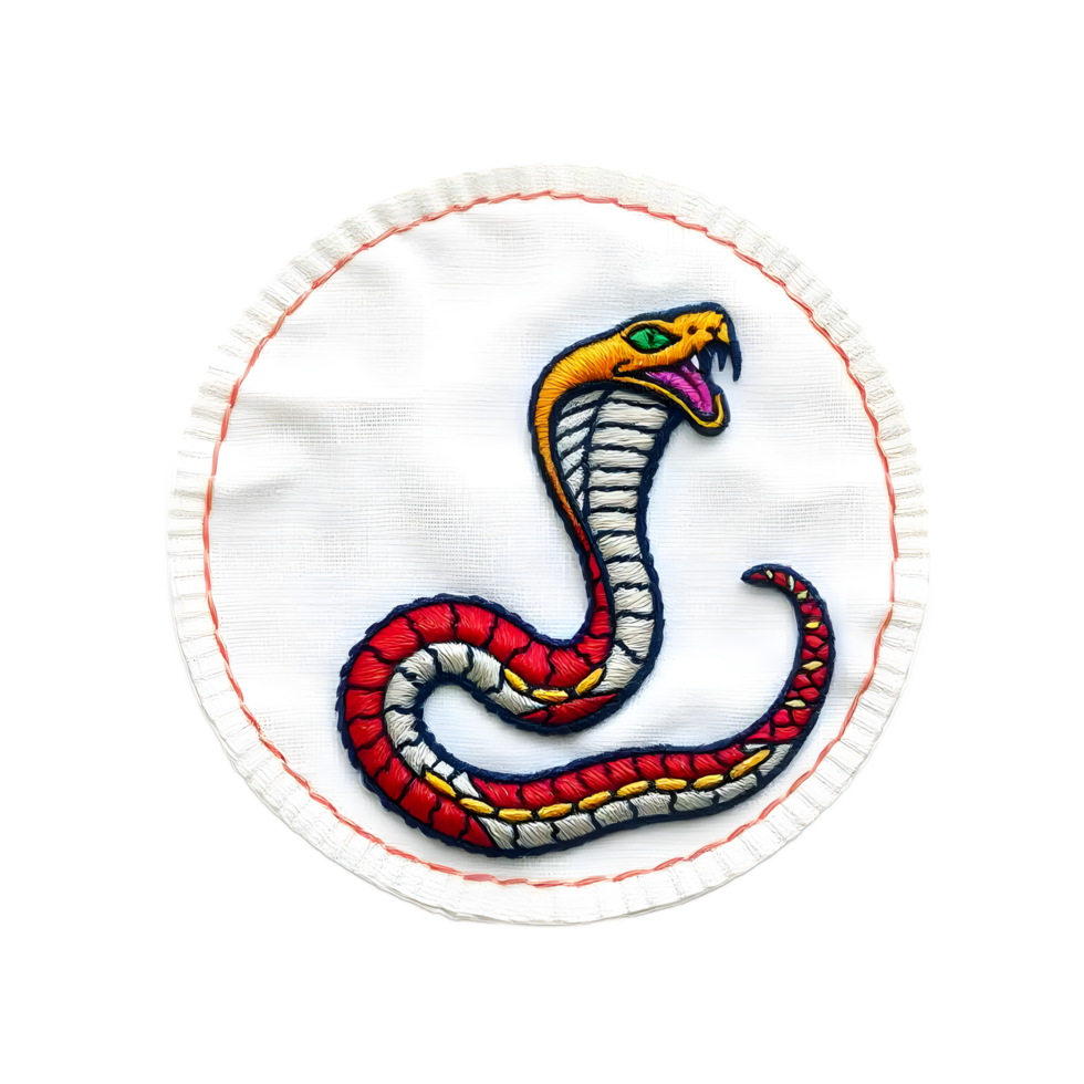 Embroidered Cobra Patch Vibrant Red, White, and Blue on Linen png