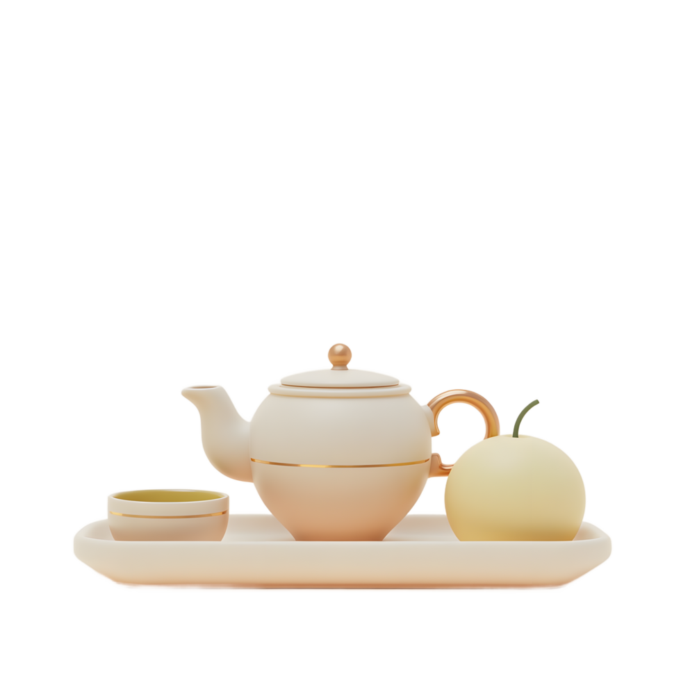 Serene Tea Ceremony Elegant Teapot, Cup, and Melon on Tray png