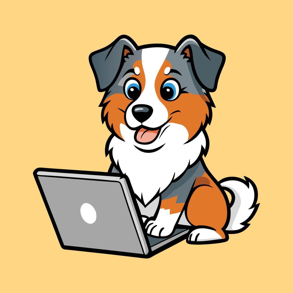 Cute Australian Shepherd Working on Laptop vector