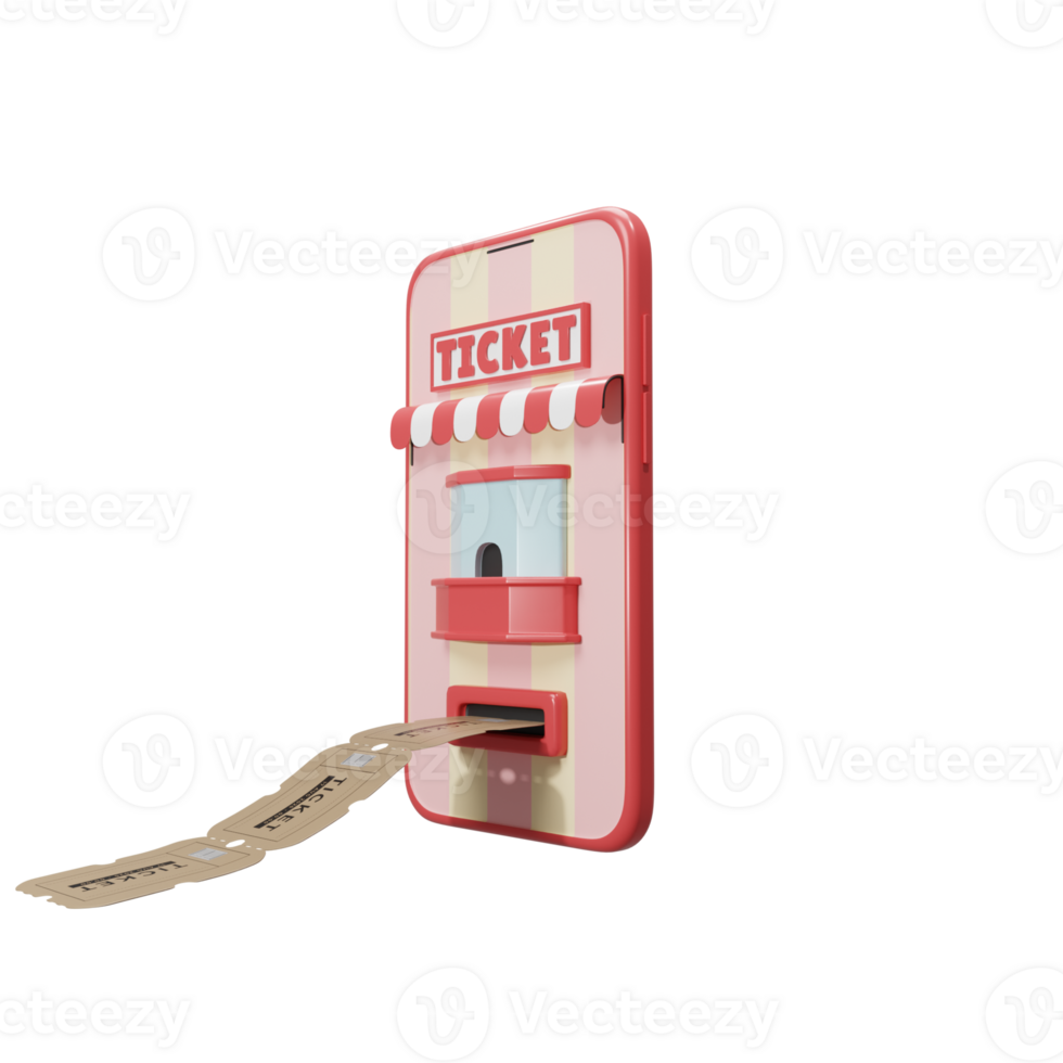 Perspective view 3D render red smartphone online ticket booking illustration. Ticketing app 3D icon png
