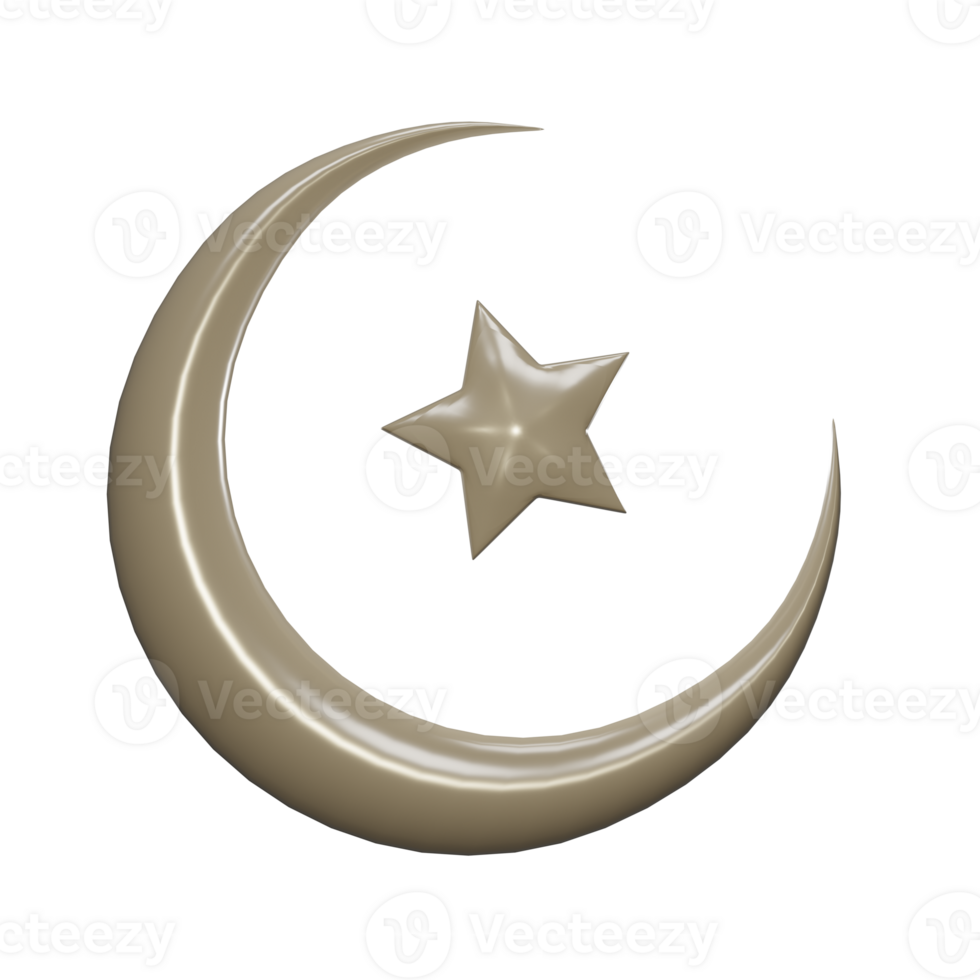 Front view 3d render of brown Islamic crescent and star png