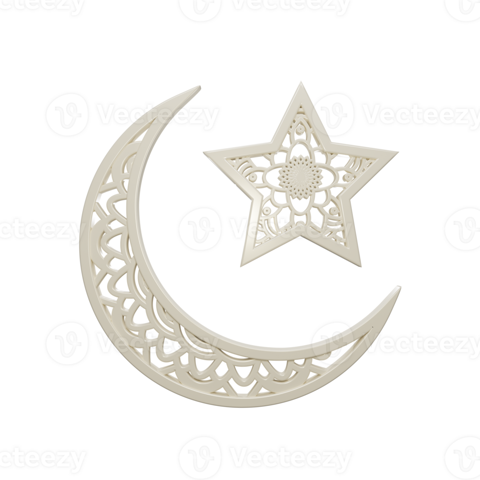 Front views 3d render of carving Islamic crescent and star png