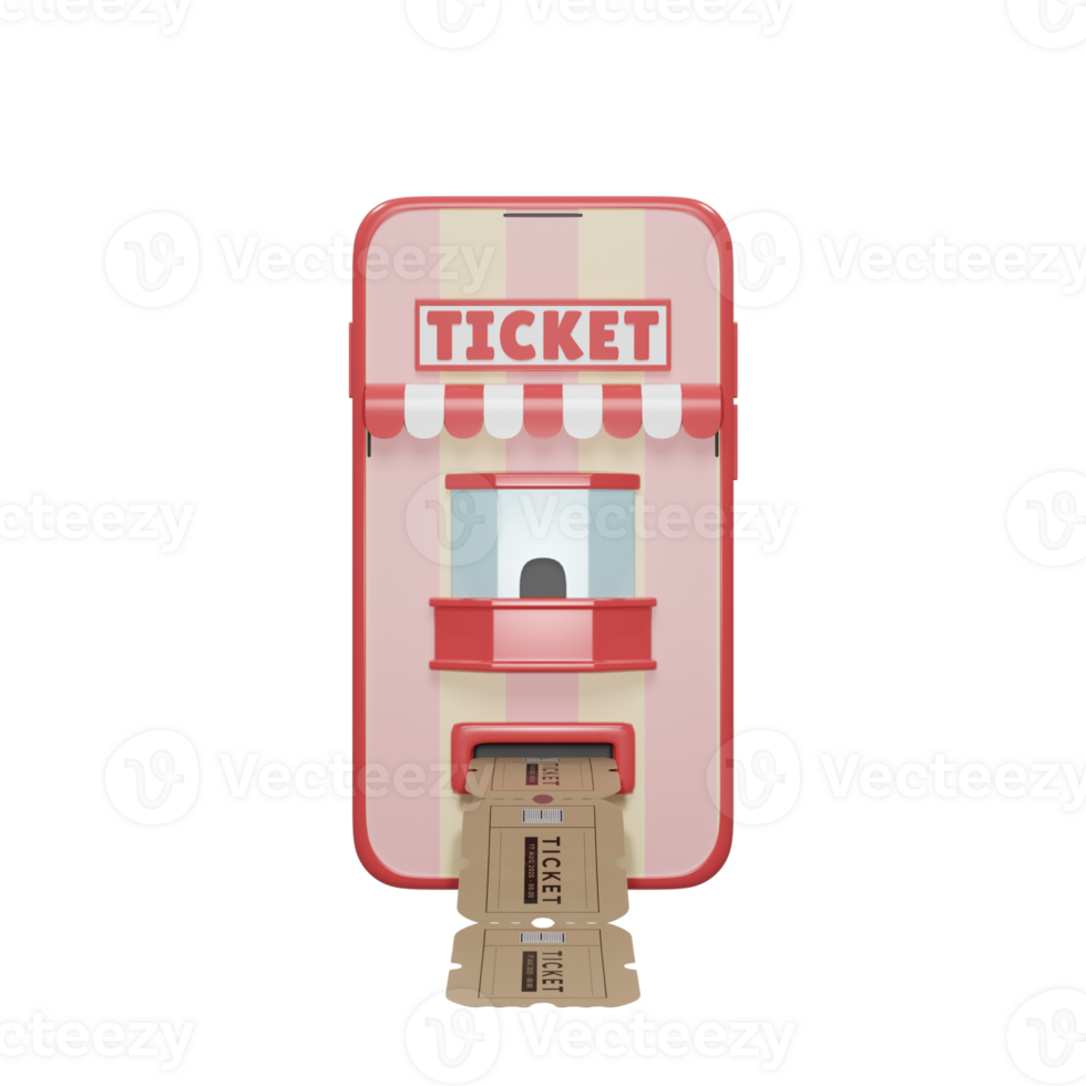 Front view 3D render red smartphone online ticket booking illustration. Ticketing app 3D icon png