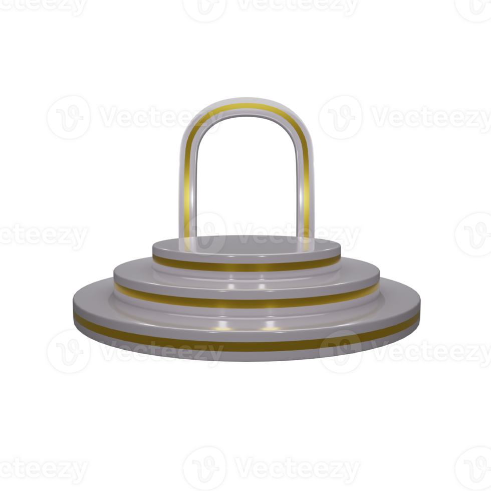 3d rendering white 3 steps podium with golden accent and arched background frame png