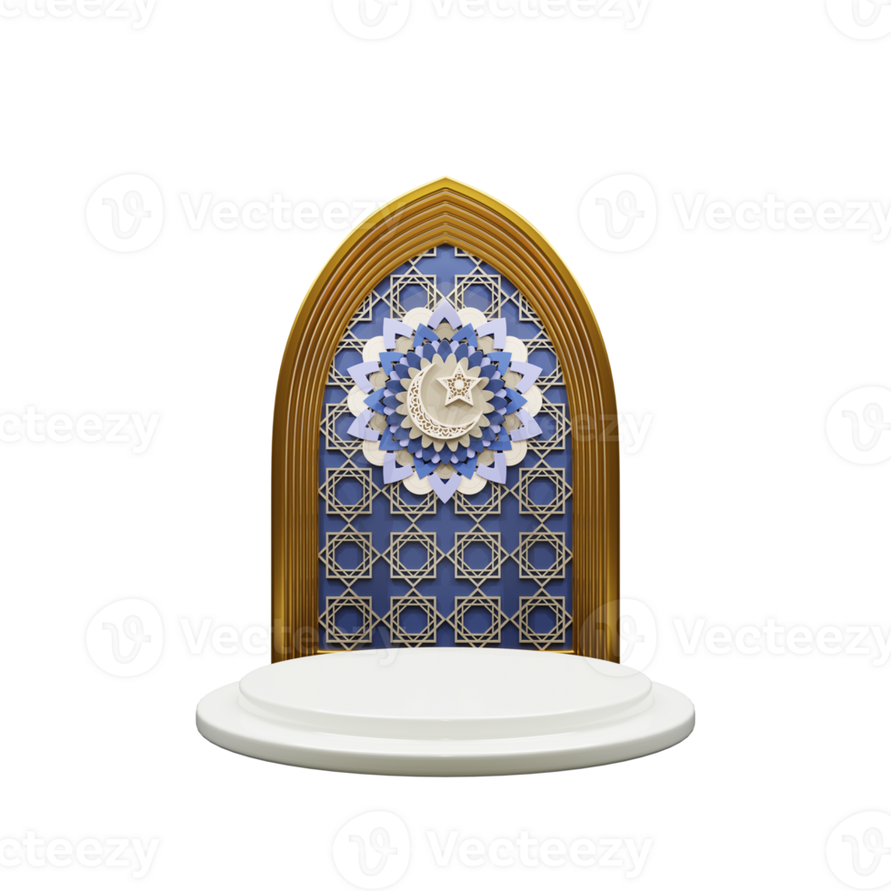 3d render of podium and backdrop with the carving of Islamic pattern and mandala with crescent and star png