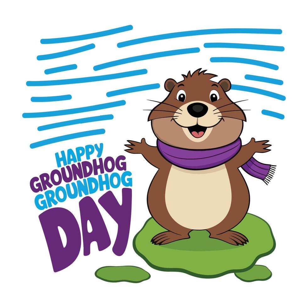 Festive Groundhog Day Fun A Cheerful Scene with Snow and Scarf vector