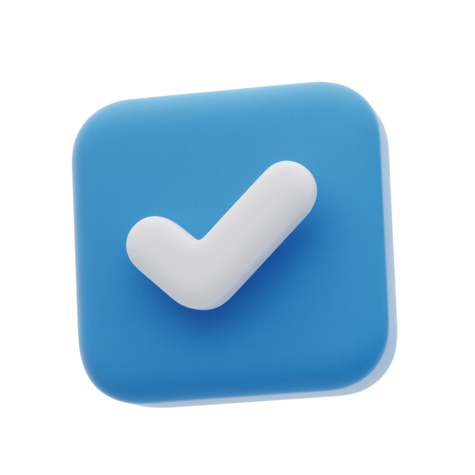 3D Blue button with white check mark icon isolated on transparent background png