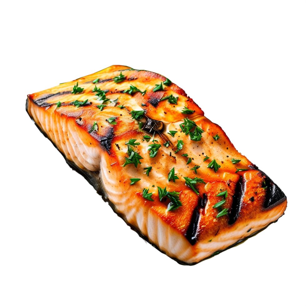 Grilled delicious salmon steak isolated on transparent background png