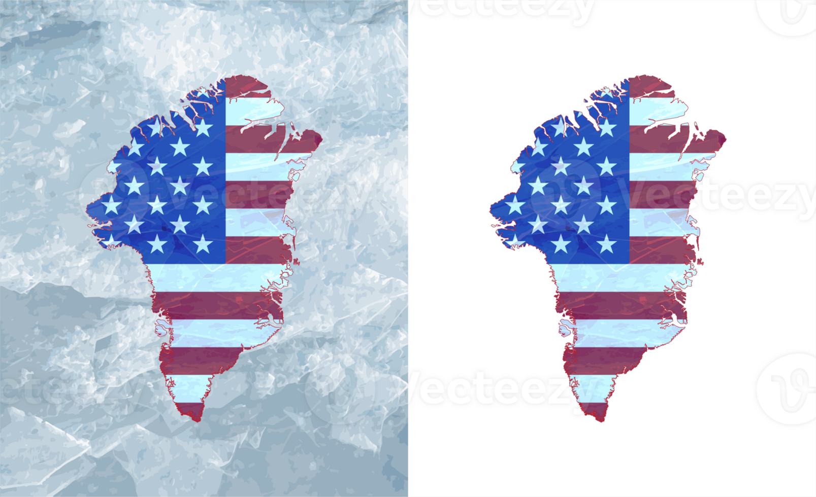Purchase of Greenland concept, map of Greenland with USA flag. Ice background. png