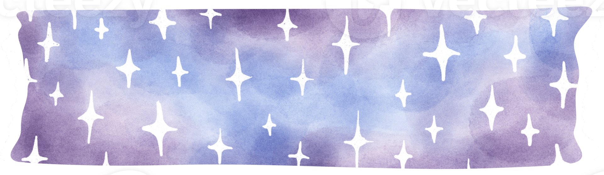 Washi tape shape with dreamy abstract watercolor pattern with light purple and blue gradient. White star-like shapes are scattered across the canvas. png