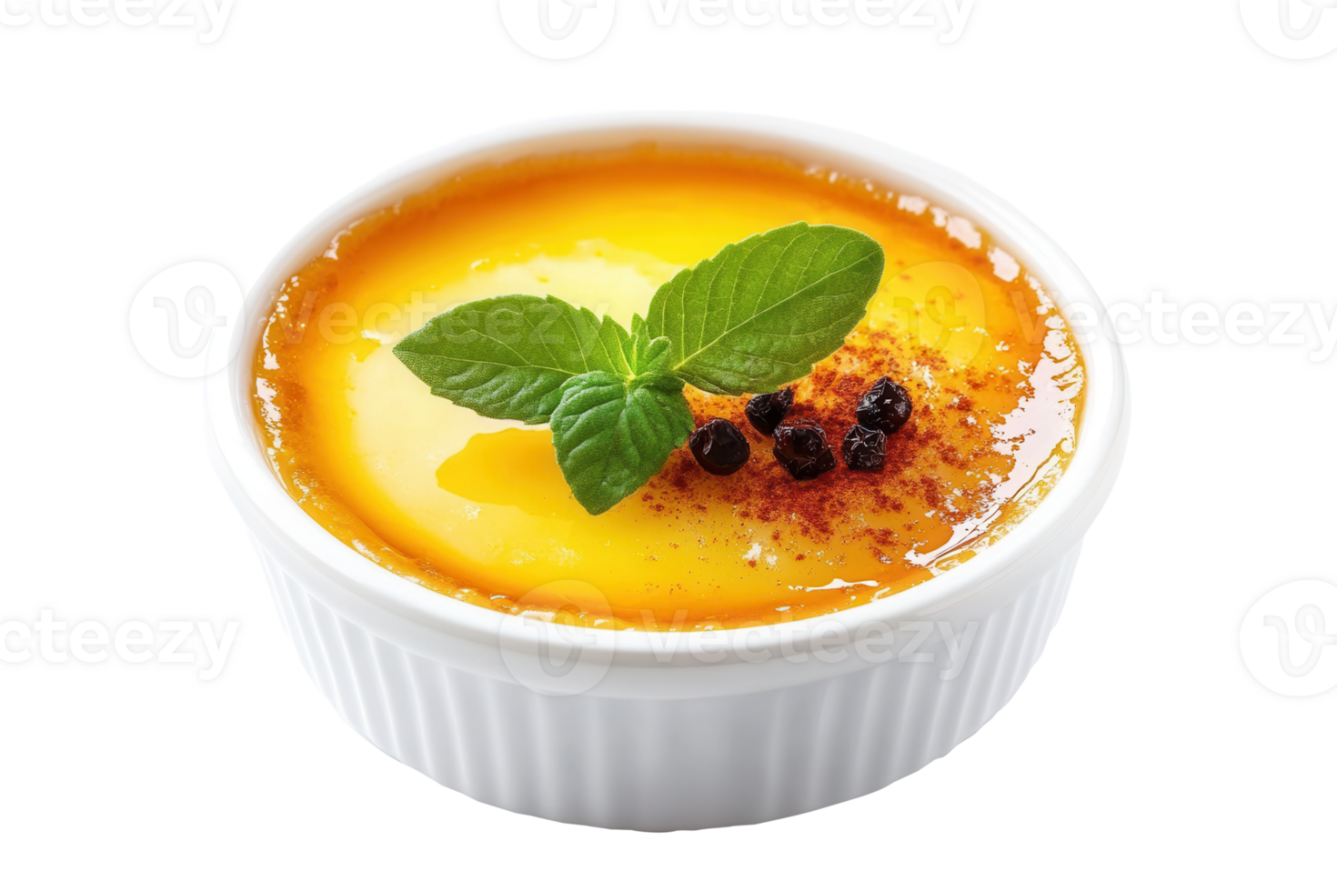 Caramel custard dessert, mint garnish, white bowl, studio shot, food blog png