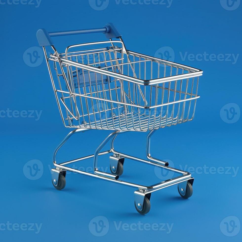 Minimalist shopping cart against a blue backdrop, highlighting its sleek metallic design. photo
