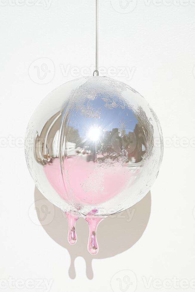 Artistic glass sculpture with a reflective surface and soft pink hues hanging against a white background. photo