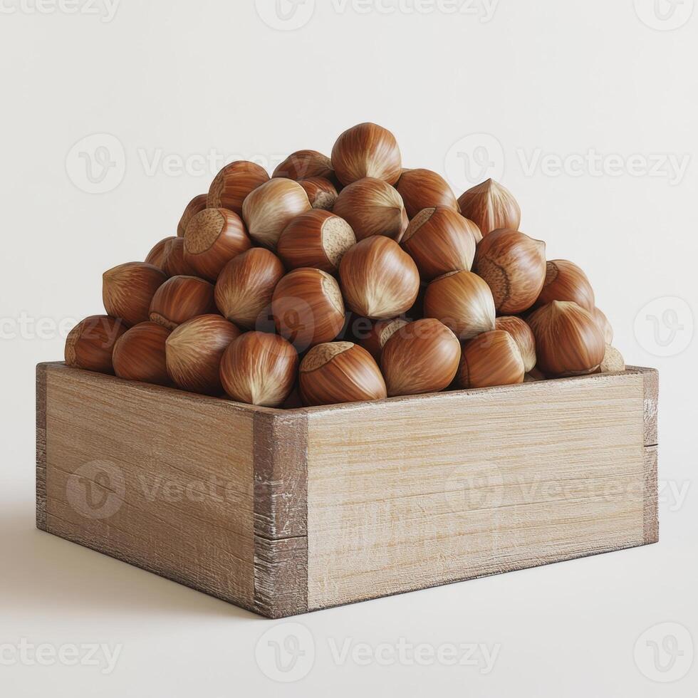 A wooden crate filled with fresh hazelnuts against a light background. photo