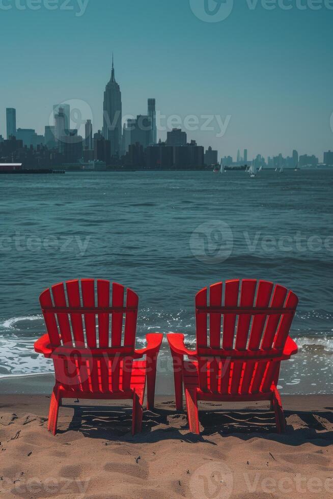 Two vibrant red chairs on a sandy beach, overlooking a bustling city skyline under a clear blue sky. photo