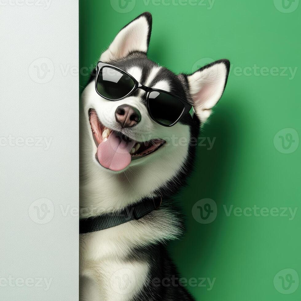 Playful husky wearing sunglasses peeks around a corner with a big smile against a vibrant green background. photo