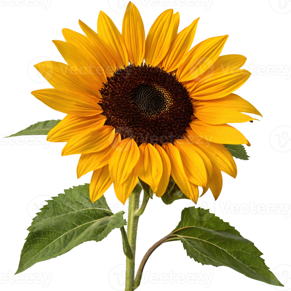 levendig geel zonnebloem met groen bladeren, symboliseert zomer png