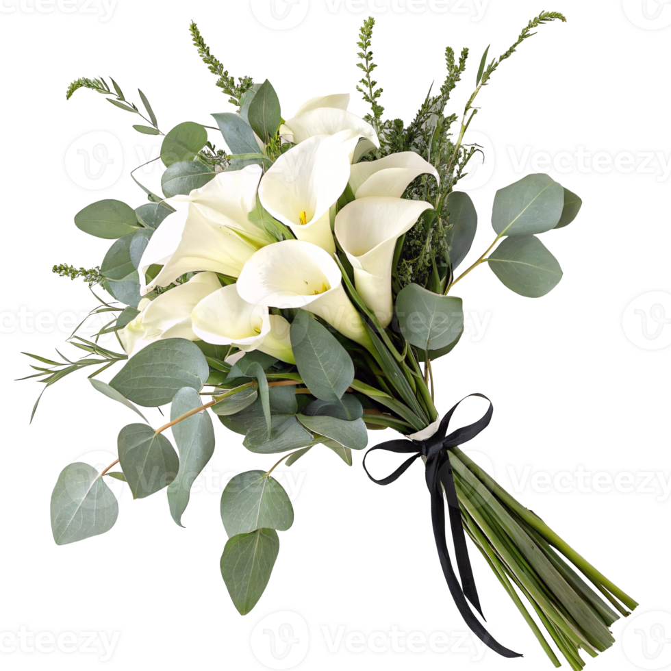 White calla lilies mixed with green foliage tied with a black ribbon, symbolizing elegance png