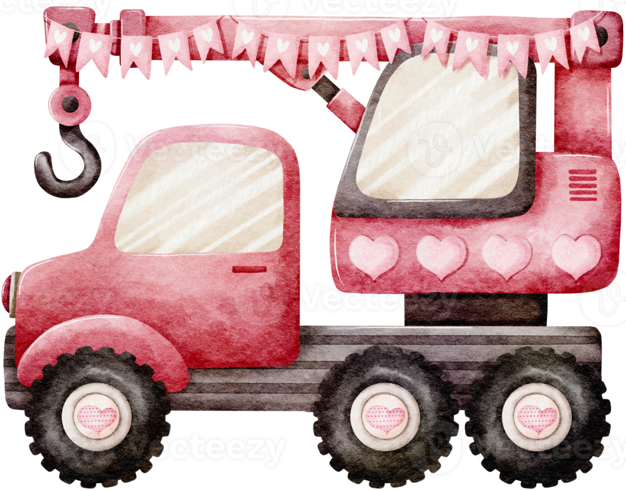 Watercolor Valentine s day with pink construction Crane Car and hearts png