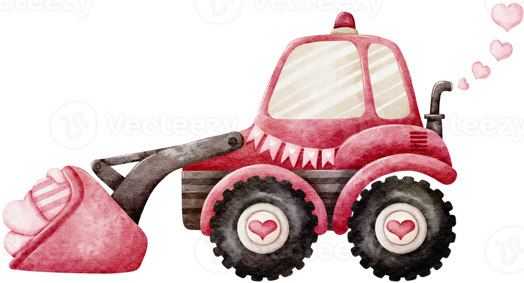 Watercolor Valentine s day with pink construction Wheel Loader and hearts png
