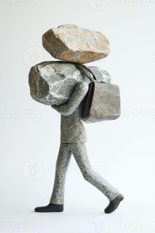 Stone sculpture of a person carrying heavy rocks and a briefcase, symbolizing burden and responsibility. photo