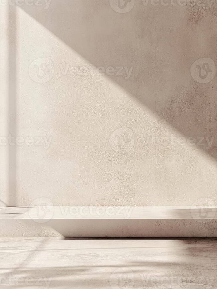 Minimalist interior with sunlight casting geometric shadows on a beige wall. photo