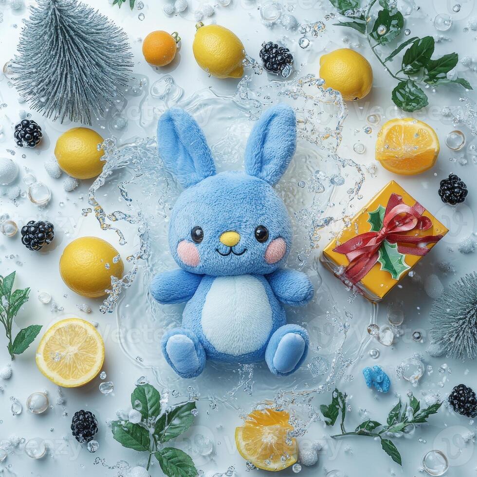 Adorable blue bunny plush surrounded by citrus fruits and festive decorations. photo
