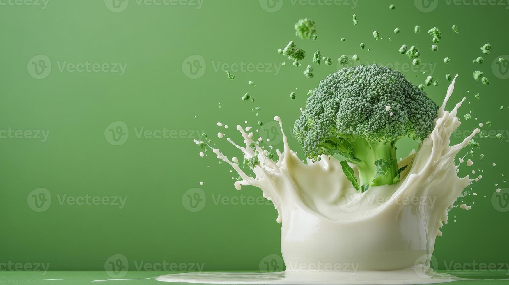 Broccoli crown splashing into fresh milk against a green background. photo