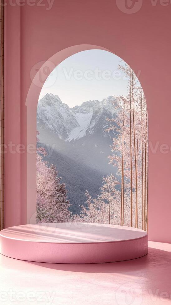 Elegant pink interior with an arched window view of snowy mountains and trees. photo