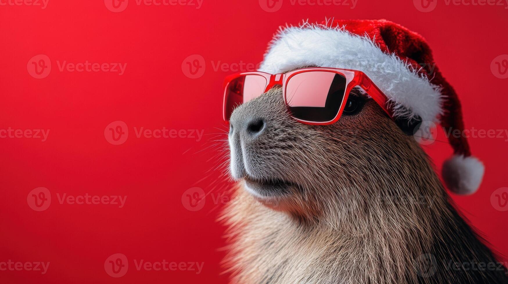 Capybara wearing a Santa hat and sunglasses against a vibrant red background. photo