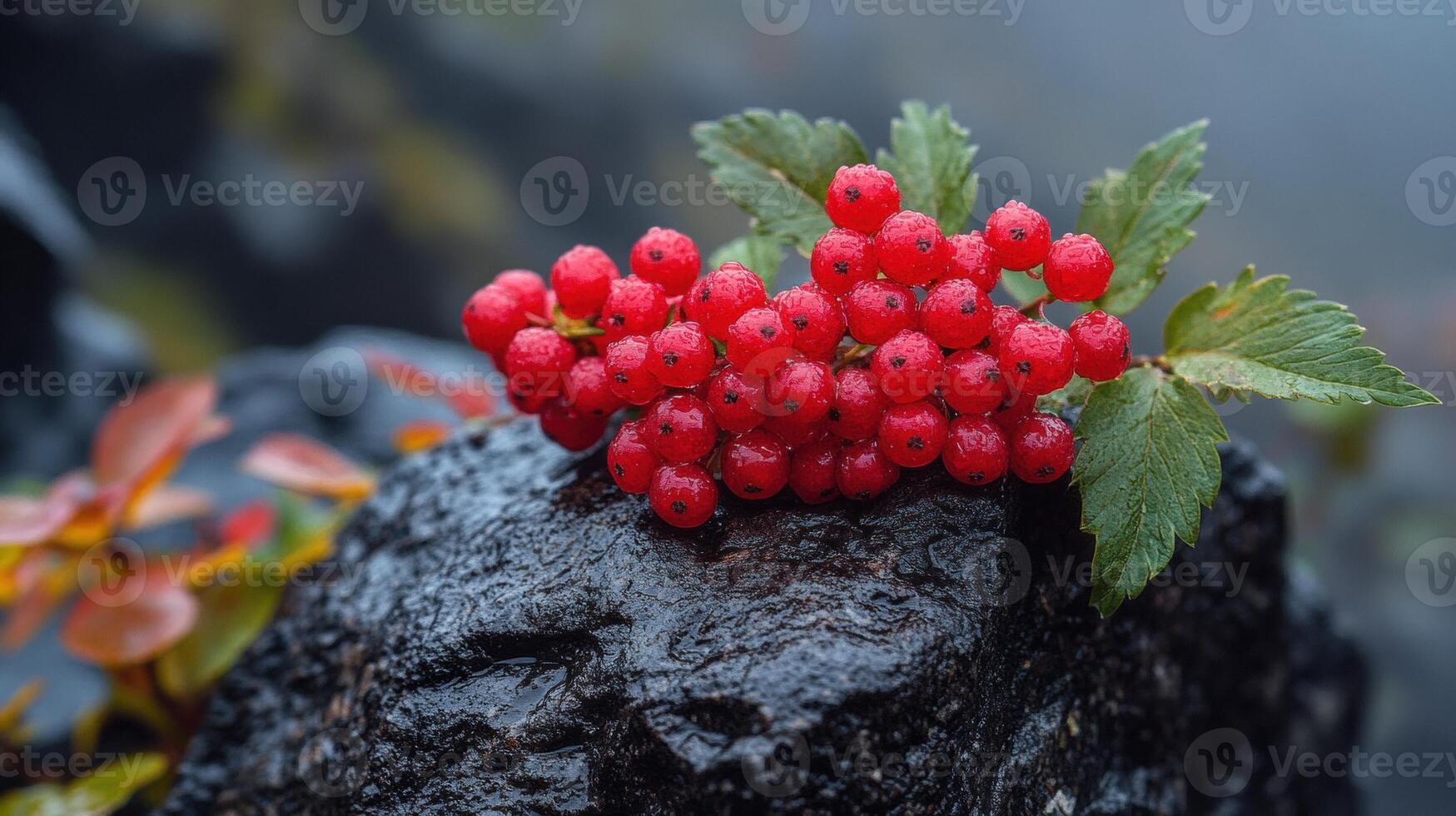 Vibrant cluster of red berries resting on a dewy rock in a misty setting. photo