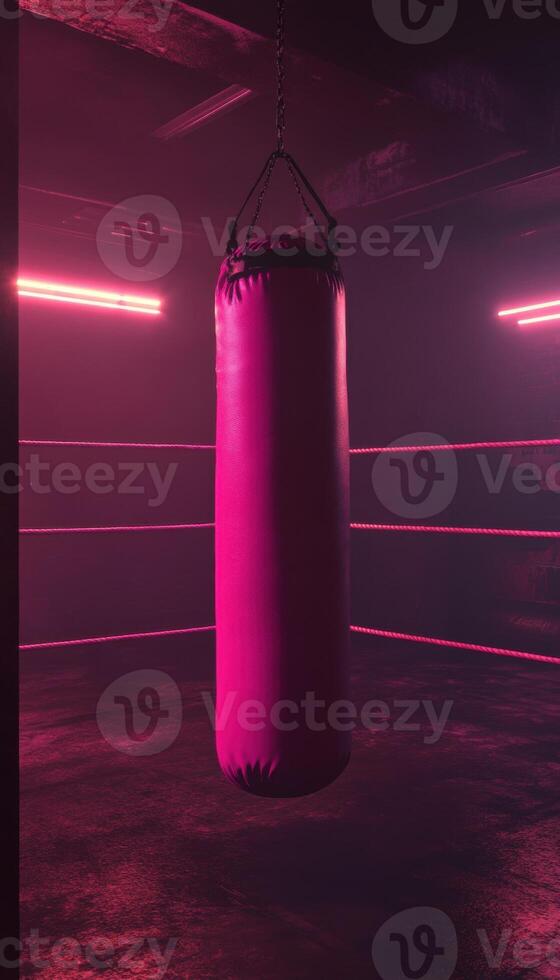 Dimly lit boxing ring with a vibrant pink punching bag illuminated by neon lights. photo