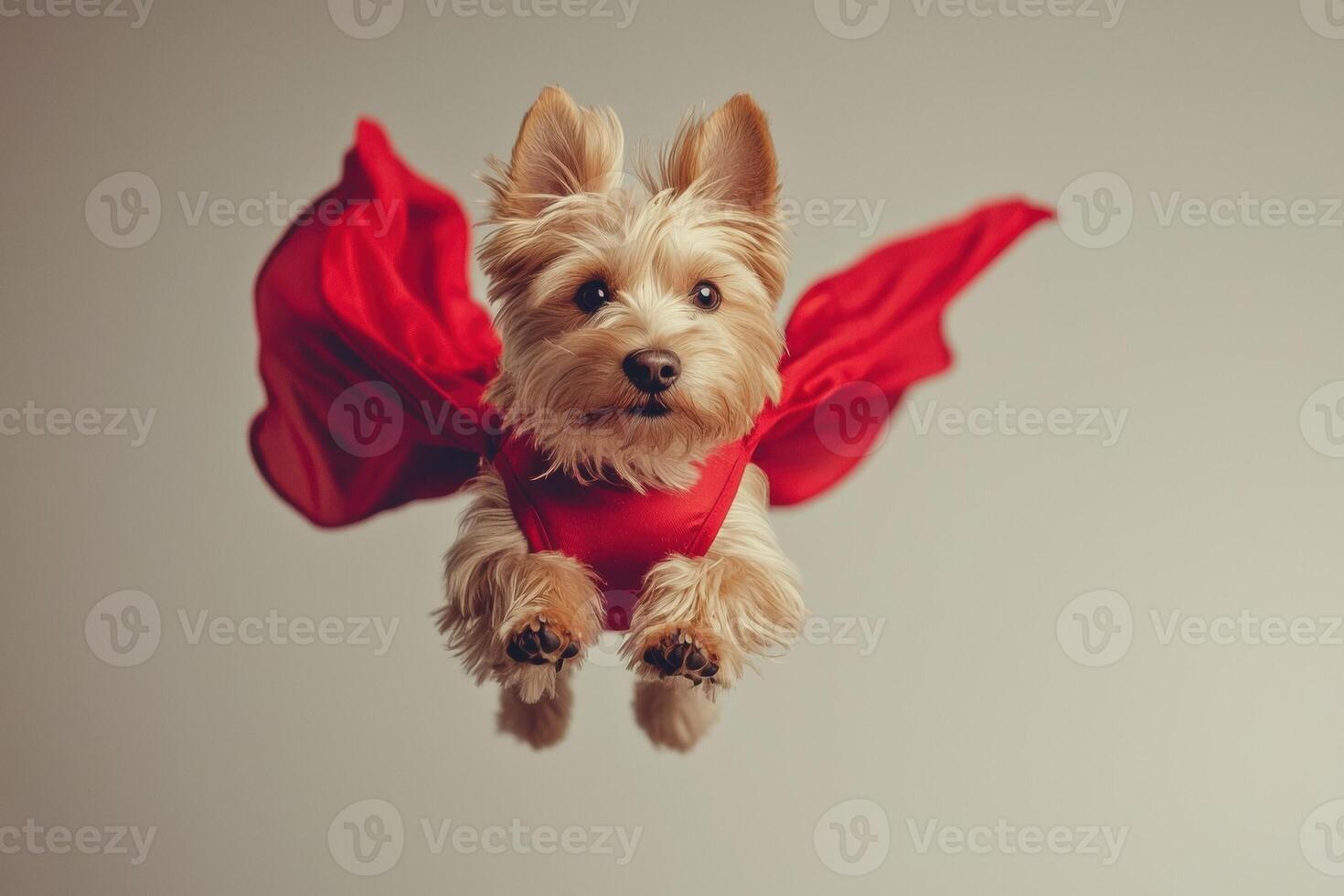 Adorable small dog wearing a superhero cape, flying through the air. photo