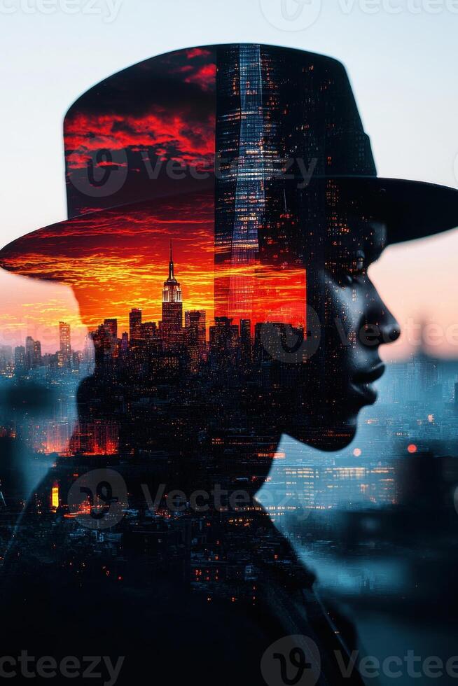 Silhouette of a man against a cityscape at sunset, blending urban energy with serene colors. photo