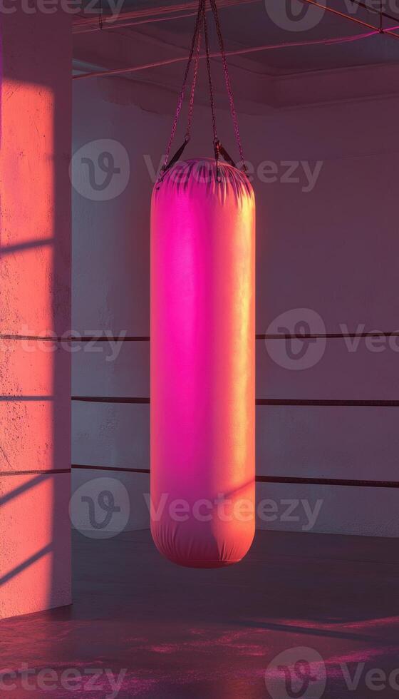 A punching bag bathed in soft pink and orange light in an empty training room. photo