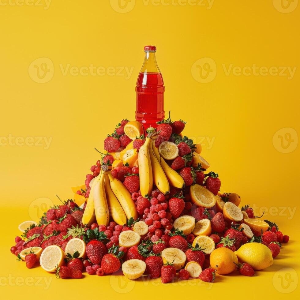 Colorful fruit pyramid featuring bananas, lemons, and berries with a red bottle against a vibrant yellow background. photo