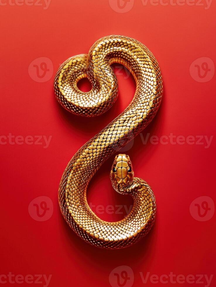 Golden snake on a vibrant red background showcasing its intricate scales. photo