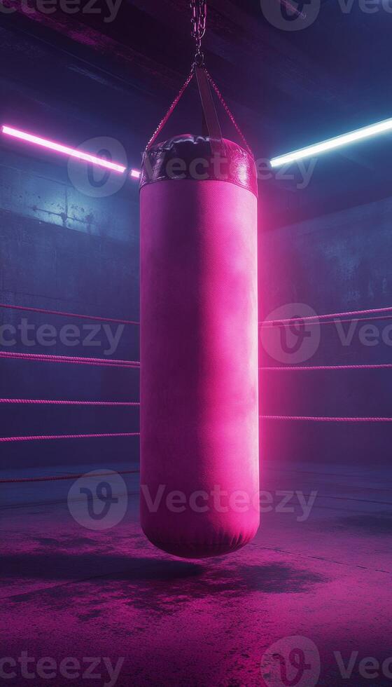 A vibrant pink punching bag hangs in a dimly lit boxing gym with neon lights. photo