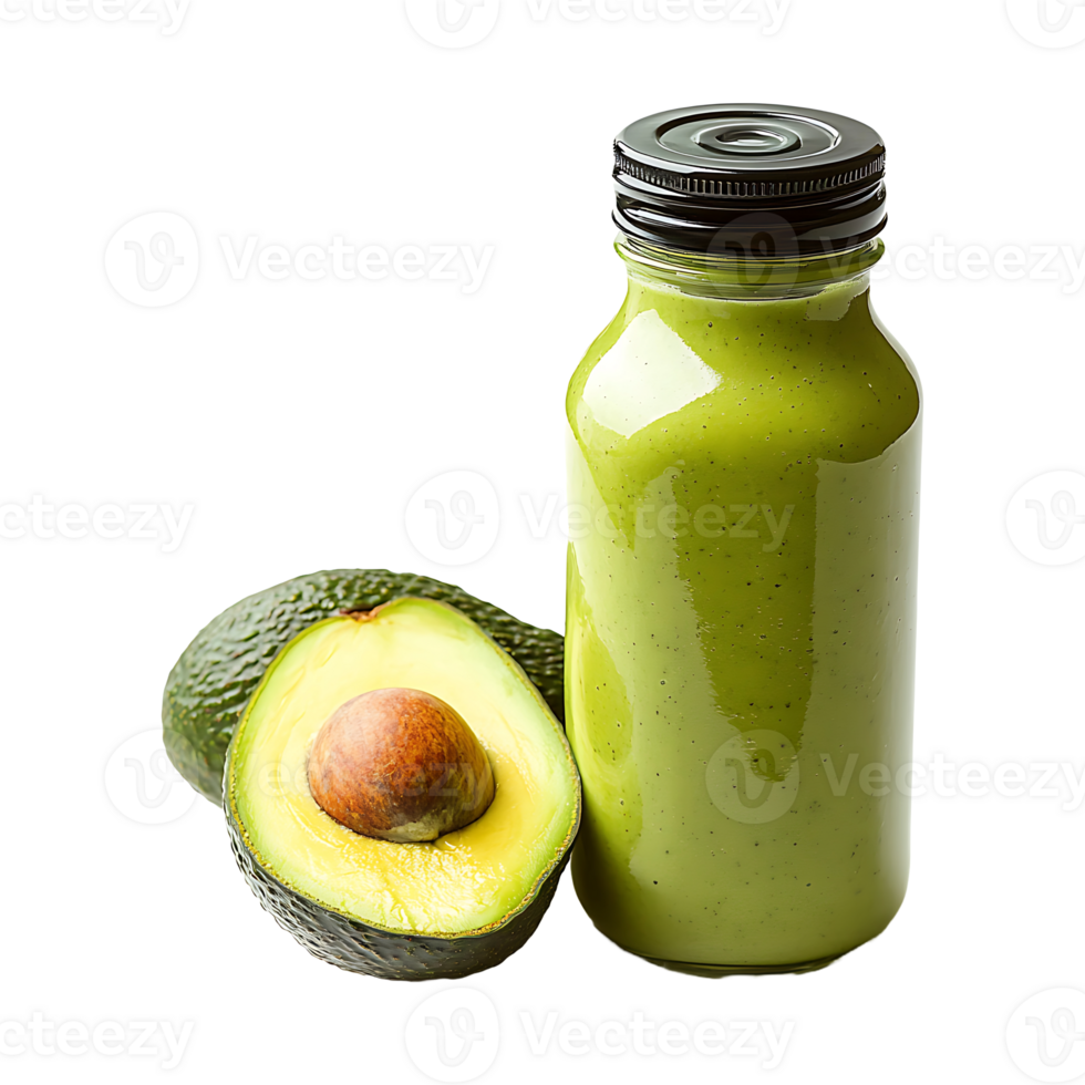 A bottle of avocado dressing next to an avocado png