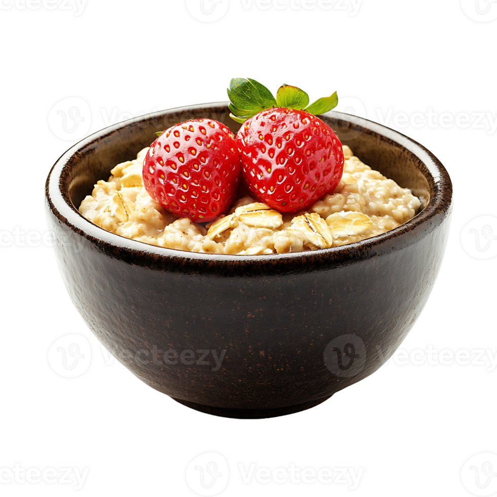 A bowl of oatmeal with two strawberries in it png
