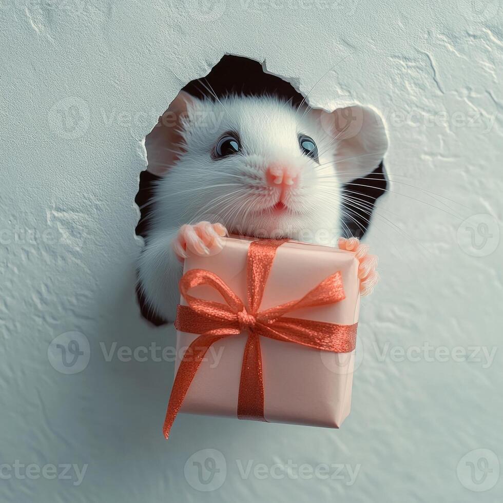 Adorable white mouse peeking through a hole with a small wrapped gift in its tiny paws. photo