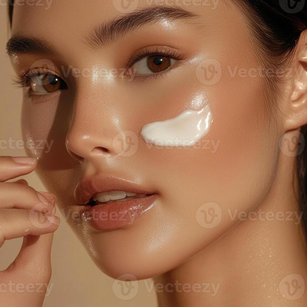 Close-up of woman with radiant skin, applying creamy moisturizer on her cheek. photo