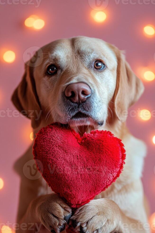 Adorable Labrador retriever holds a plush red heart with warm bokeh lights in the background. photo