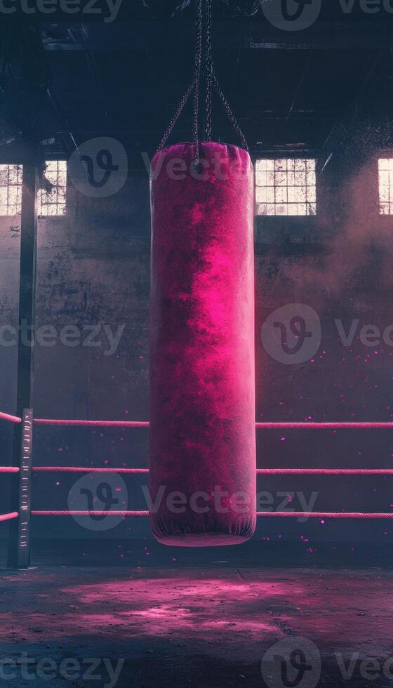 A vibrant pink punching bag in a dimly lit, gritty boxing gym setting. photo
