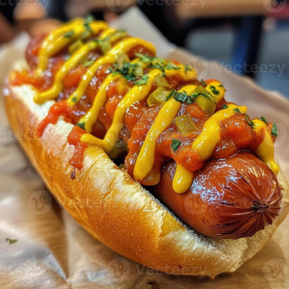 Delicious gourmet hot dog topped with mustard, relish, and fresh herbs on a soft bun. photo