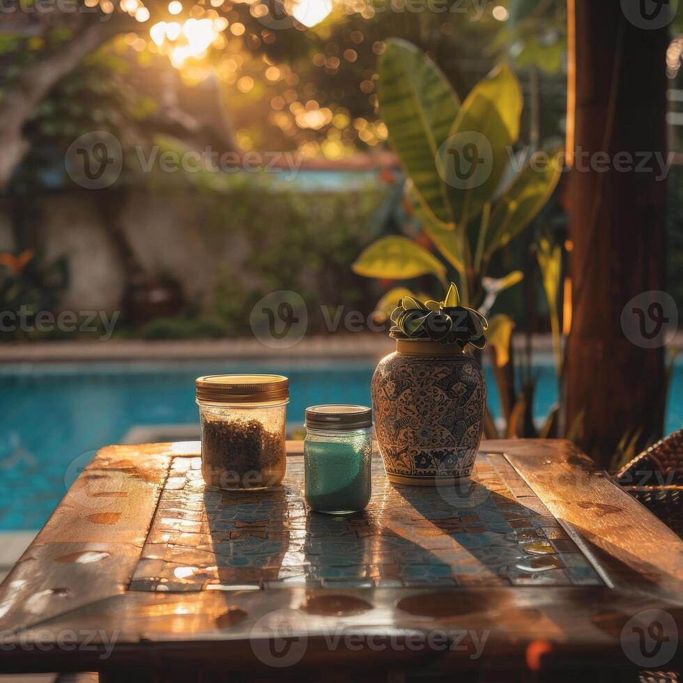 Serene morning view of sunlit jars and plant pot by the poolside patio table. photo